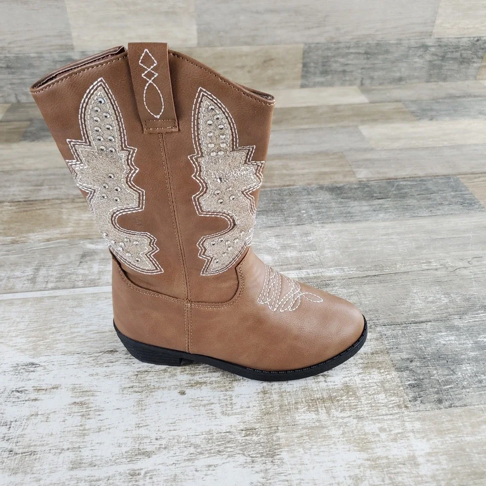Kensie Girls Cowgirl Boots Sz 12 Beige Faux Leather Low Heel Almond Toe Zip-Up